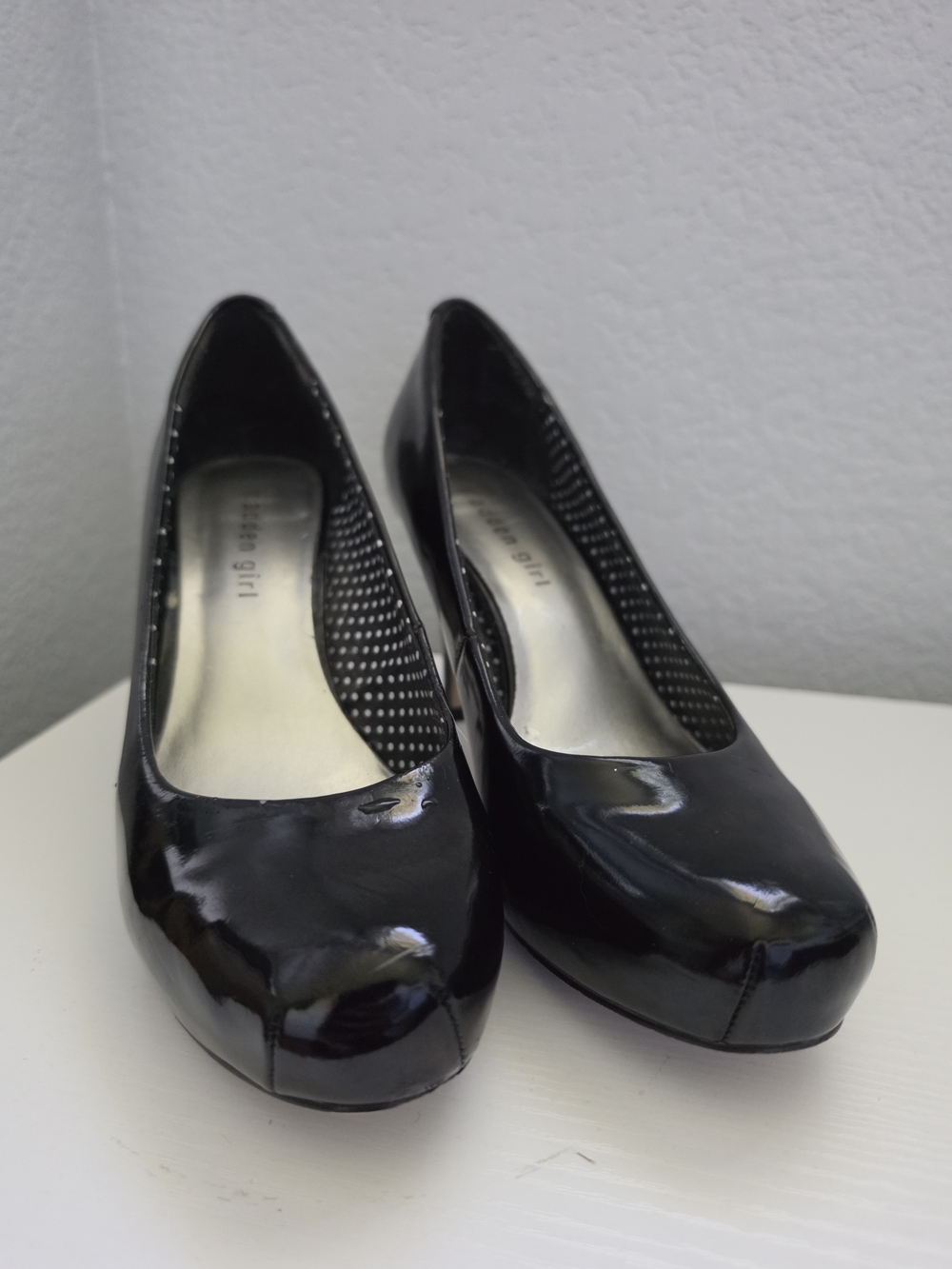 Madden Girl Black Patent Round-Toe Wedge Pumps